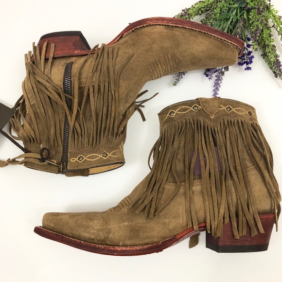 NEW JB Dillon Tan Suede Fringe Cowboy Booties - Picture 5 of 8